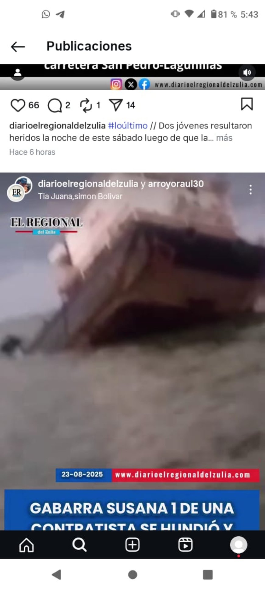 Se hundió gabarra en el Lago: rescatados 9 tripulantes