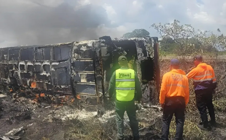 12 calcinados en autobús que se incendió tras volcar en la troncal 10 del estado Bolívar