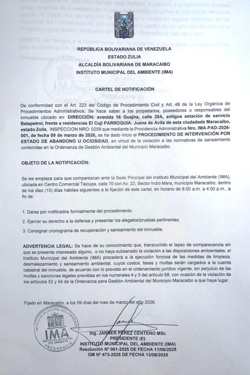 NOTIFICACIÓN: Alcaldía abre procedimiento de intervención por estado de abandono a terreno ubicado en la avenida 16 Guajira