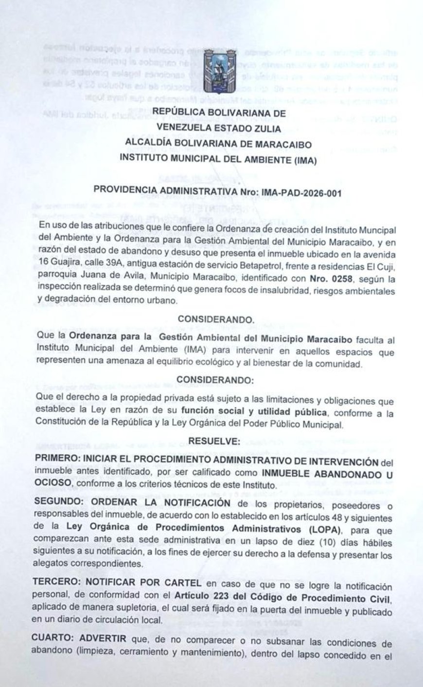 NOTIFICACIÓN: Alcaldía abre procedimiento de intervención por estado de abandono a terreno ubicado en la avenida 16 Guajira