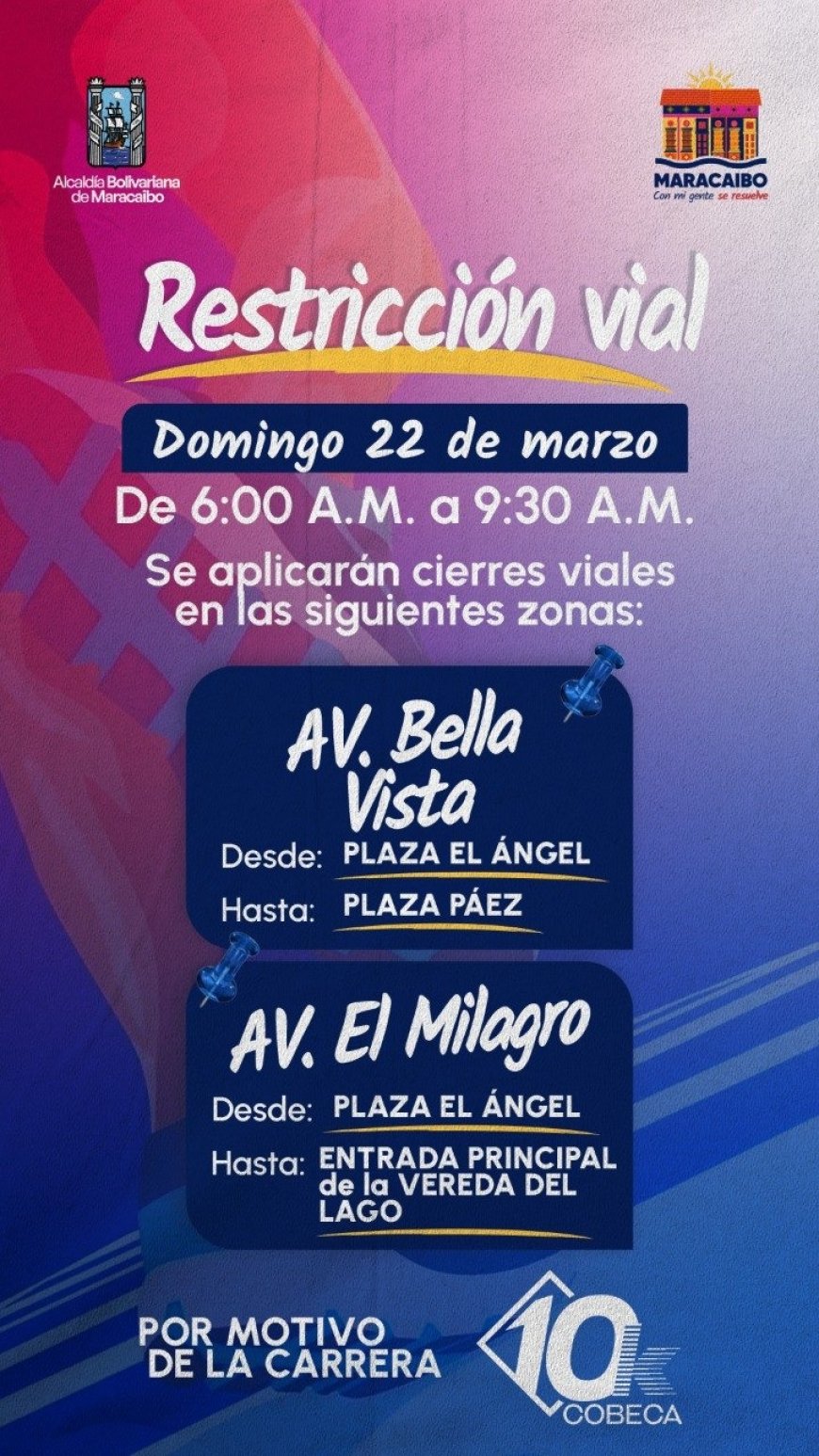 Alcaldía de Maracaibo anuncia restricción vial este domingo 22 por carrera 10K de Cobeca