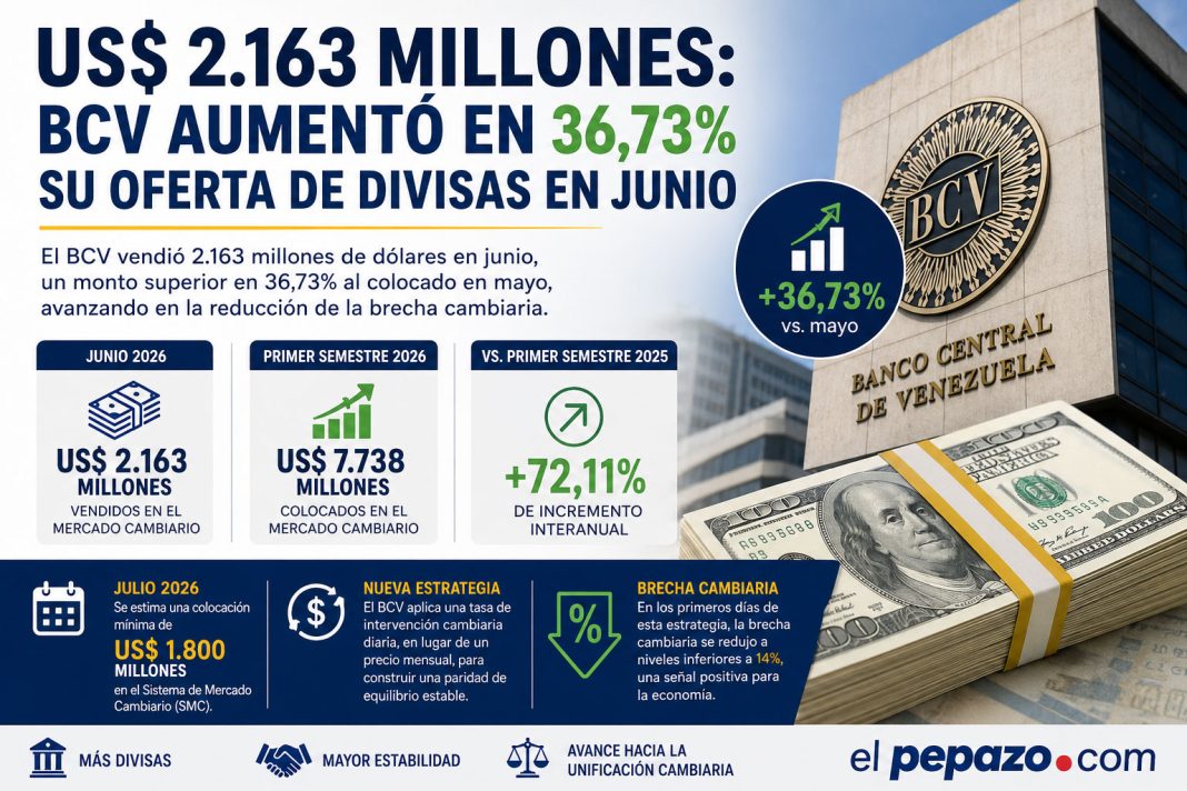 BCV incrementa a US$ 2.163 millones su oferta de divisas en junio: sube 36,73% y reduce brecha cambiaria
