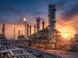 Complejo refinador de petróleo durante el atardecer, representando el mercado energético global y su impacto geopolítico.
