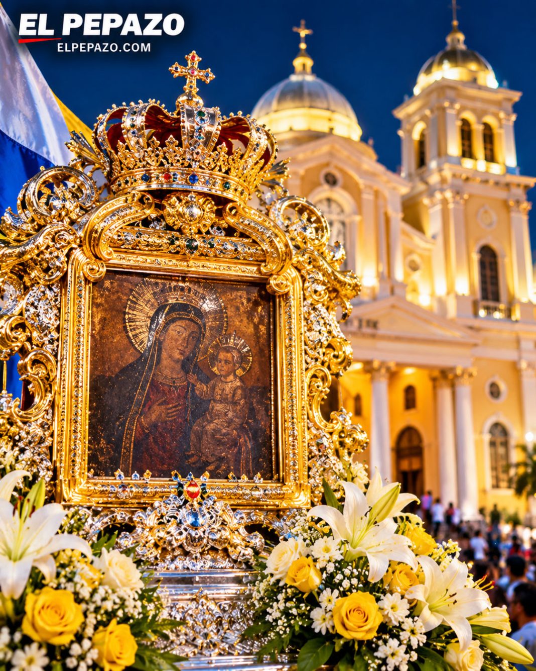 La Chinita frente a la Basílica iluminada