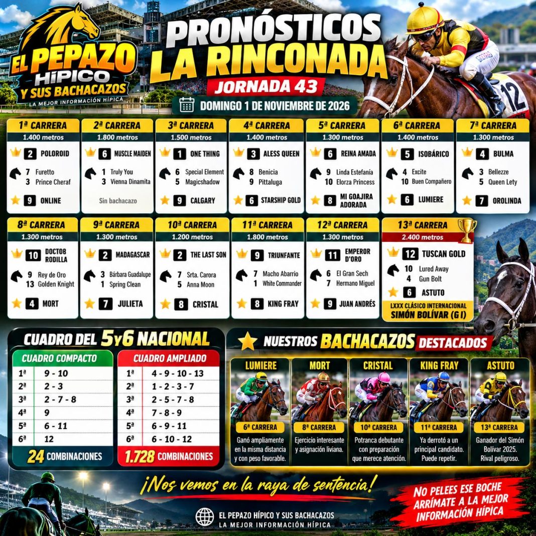 Pronósticos La Rinconada domingo 1 de noviembre de 2026: Jornada 43, favoritos, bachacazos y 5y6 Nacional
